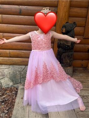 Girls Pink Embellished Tulle High-Low Party Dress